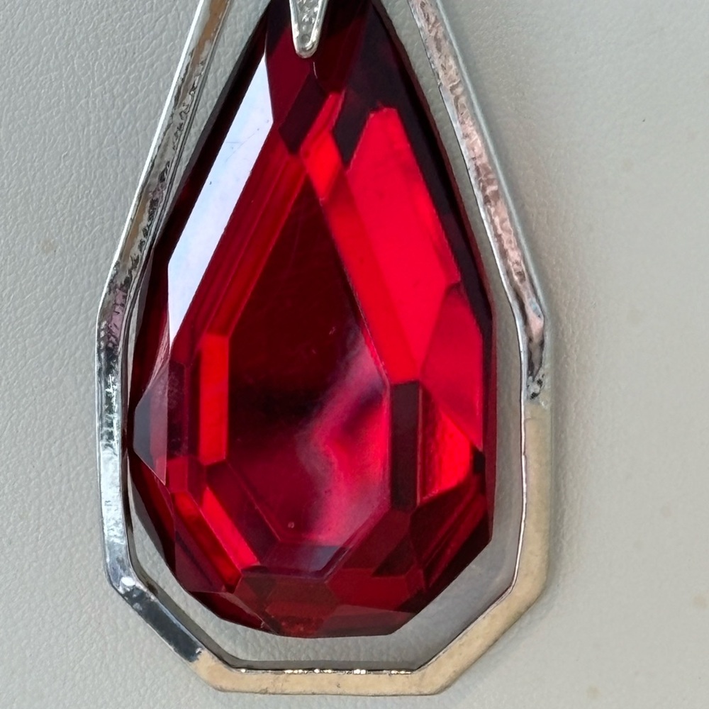Large red pendant necklace/ silver tone chain/ measures 36 in length - Picture 3 of 14